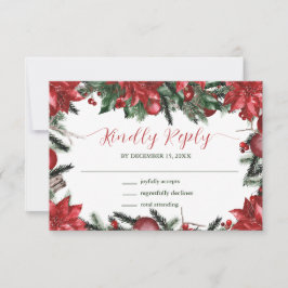 Tarjeta De Confirmación De Asistencia Boda de Invierno Rojo Poinsettia Pine Greenery