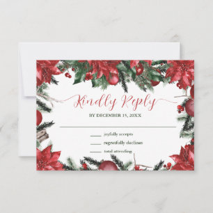 Tarjeta De Confirmación De Asistencia Boda de Invierno Rojo Poinsettia Pine Greenery