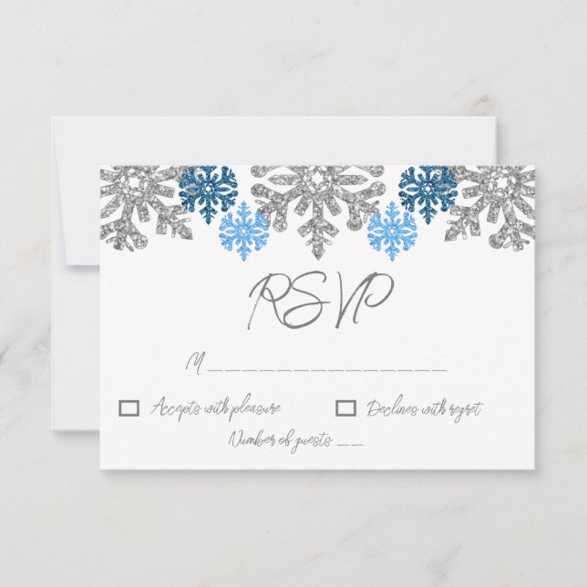 Tarjeta De Confirmación De Asistencia Boda de Invierno Silver Blue Snowflakes (Anverso)