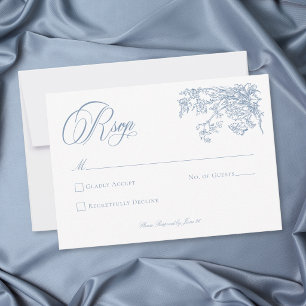 Tarjeta De Confirmación De Asistencia Boda de Jardín con Cresta Azul Elegante Vintage