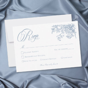 Tarjeta De Confirmación De Asistencia Boda de Jardín con Cresta Azul Elegante Vintage