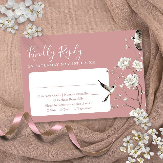 Tarjeta De Confirmación De Asistencia Boda de jardín floral de chinoiserie rosa polvorie (Dusty Rose Chinoiserie Floral Garden Wedding RSVP Card)