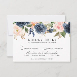 Tarjeta De Confirmación De Asistencia Boda de la Marina Azul Rubor Rosa Rosa Boho
