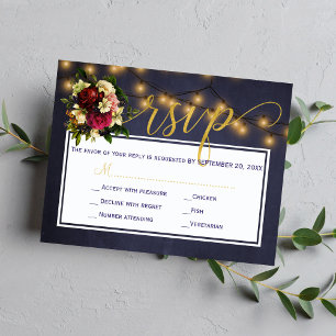 Tarjeta De Confirmación De Asistencia Boda de la marina floral de luces de cuerda rústic