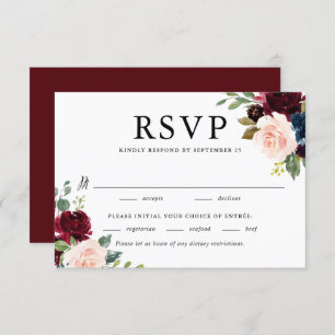 Tarjeta De Confirmación De Asistencia Boda de las flores azul y borgoña acuarela