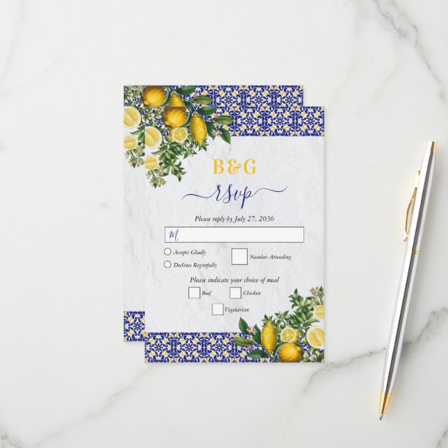 Tarjeta De Confirmación De Asistencia Boda de limón azul blanco amarillo mediterráneo (Anverso/Reverso In Situ)
