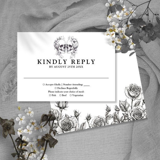Tarjeta De Confirmación De Asistencia Boda de los Cránulos Florales Góticos (Gothic Floral Skulls Wedding RSVP Card)