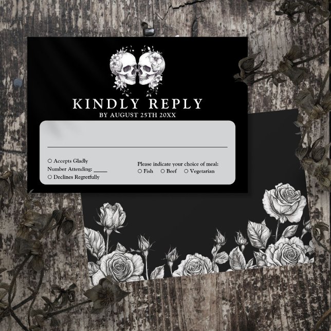 Tarjeta De Confirmación De Asistencia Boda de los Cránulos Florales Góticos (Gothic Floral Skulls Wedding RSVP Card)