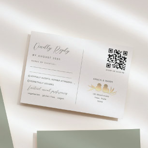 Tarjeta De Confirmación De Asistencia Boda de Lovebirds Verde Salvia QR