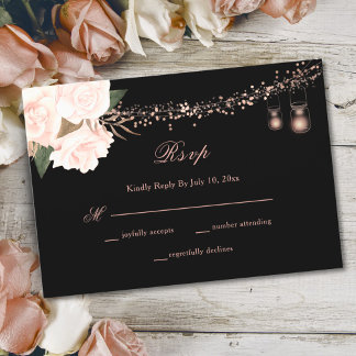 Tarjeta De Confirmación De Asistencia Boda de luces de cadena floral Rosa negro y Rubor