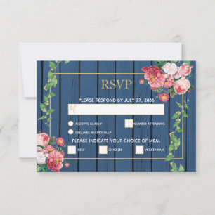 Tarjeta De Confirmación De Asistencia Boda de madera azul marino rosas rosadas vintage y