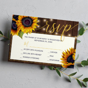 Tarjeta De Confirmación De Asistencia Boda de madera de grano de flores de girasol rústi