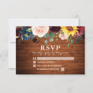 Tarjeta De Confirmación De Asistencia Boda De Madera Rústica Floral Combinada De Acuarel