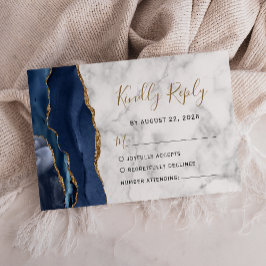 Tarjeta De Confirmación De Asistencia Boda de mármol azul navío moderno con ágata dorada