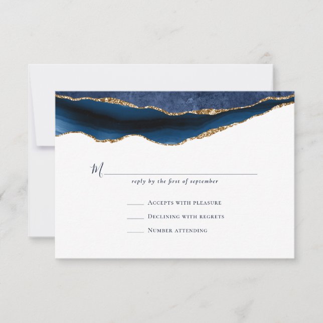 Tarjeta De Confirmación De Asistencia Boda de Mármol Geode de la Marina Gold Agate (Anverso)