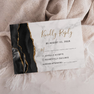 Tarjeta De Confirmación De Asistencia Boda de mármol gris ágata oro negro