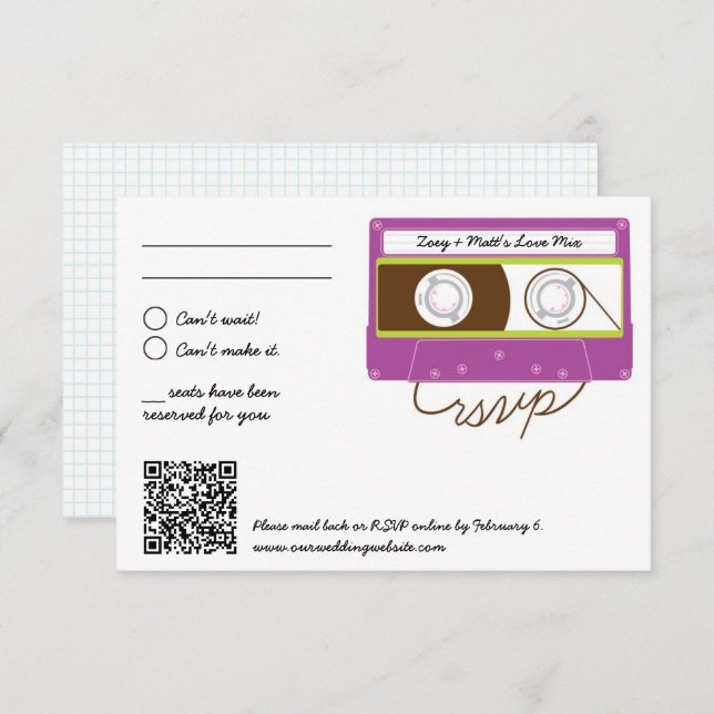 Tarjeta De Confirmación De Asistencia Boda de mixtape Indie Retro Purple & Lime (Anverso / Reverso)