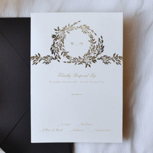 Tarjeta De Confirmación De Asistencia Boda de Monograma Botánico Ebony de Oro Negro