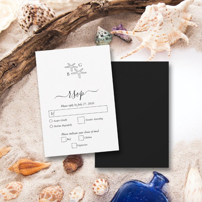 Tarjeta De Confirmación De Asistencia Boda de monograma de la playa de Starfish minimali (Minimalist Starfish Beach Monogram Wedding RSVP Card)