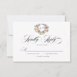 Tarjeta De Confirmación De Asistencia Boda de monograma floral de lavanda y limón Cresta