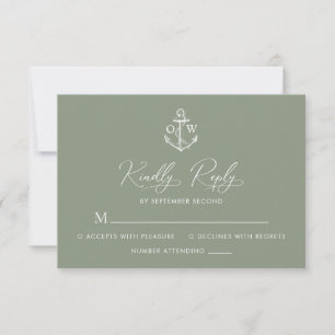 Tarjeta De Confirmación De Asistencia Boda de Monograma Verde Sage Anchor Nautico