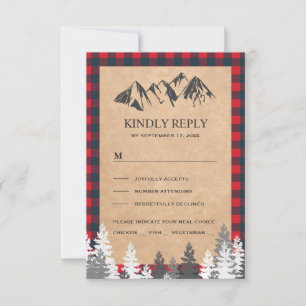 Tarjeta De Confirmación De Asistencia Boda de montaña rústica kraft roja a cuadros búfal