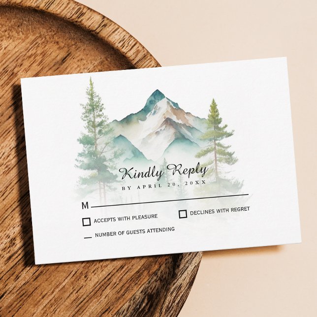 Tarjeta De Confirmación De Asistencia Boda De Montaña Y Pinos Sencillos (Rustic-inspired RSVP wedding card featuring a watercolor design of mountains and pine trees.)