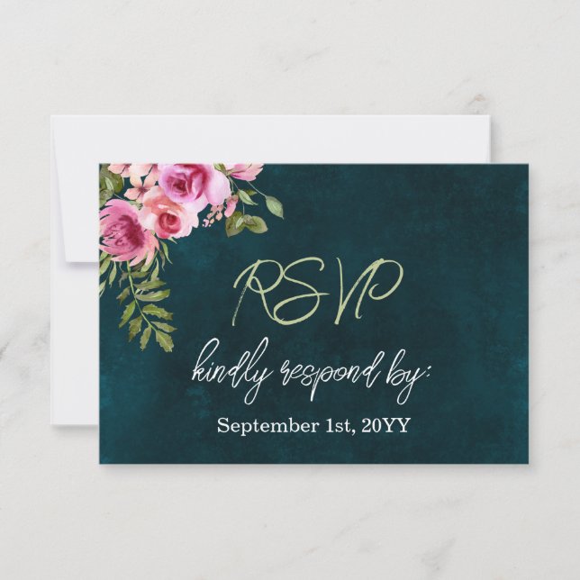 Tarjeta De Confirmación De Asistencia Boda de Moody Dark Floral Verde Esmeralda (Anverso)