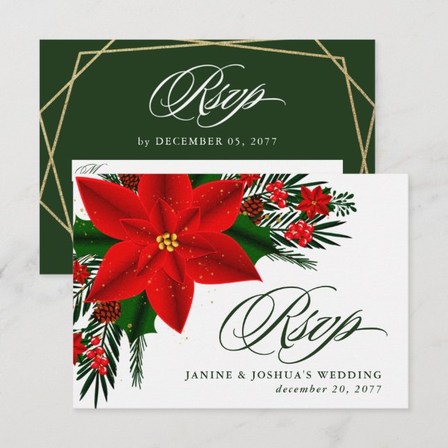 Tarjeta De Confirmación De Asistencia Boda de Navidad con Poinsettia Roja y Verde (Anverso / Reverso)