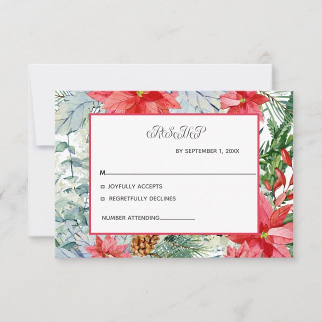 Tarjeta De Confirmación De Asistencia Boda de Navidades de invierno de Poinsettia Red Ev (Anverso)