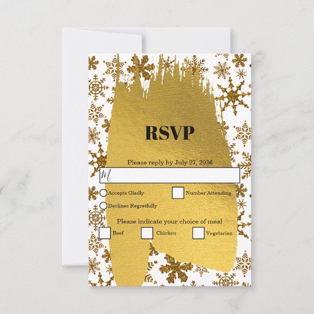 Tarjeta De Confirmación De Asistencia Boda de Navidades festivos Golden Snowflakes (Anverso)