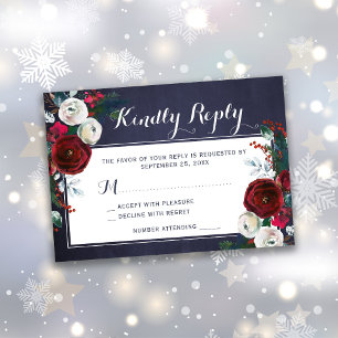 Tarjeta De Confirmación De Asistencia Boda de Navidades florales de borgoña de invierno