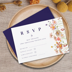 Tarjeta De Confirmación De Asistencia Boda de Otoño Boho con Flores Silvestres y Azul Ma