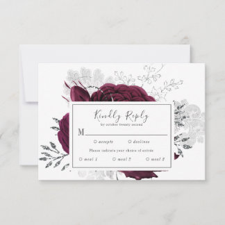 Tarjeta De Confirmación De Asistencia Boda de otoño borgoñona de plata floral