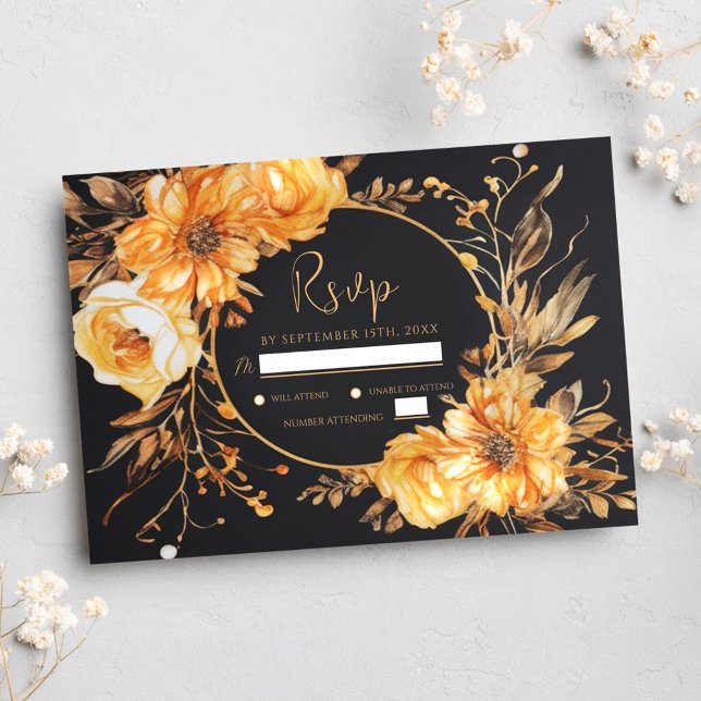Tarjeta De Confirmación De Asistencia Boda de Otoño Elegante con Flores Negras (Floral Elegant Black Fall Wedding RSVP Card)