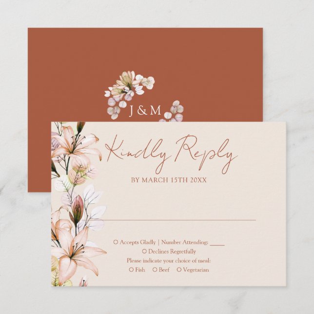 Tarjeta De Confirmación De Asistencia Boda de otoño en terracota con monograma floral rú (Anverso / Reverso)