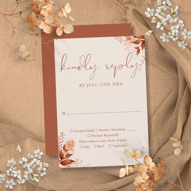 Tarjeta De Confirmación De Asistencia Boda de otoño floral rústico terracota (Autumn Fall Rustic Floral Terracotta Wedding RSVP Card)