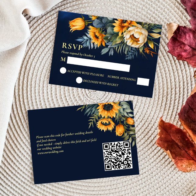 Tarjeta De Confirmación De Asistencia Boda de otoño girasol rústico azul marino (Fall Summer wedding navy blue rustic sunflowers qr RSVP cards moody dark blue yellow )