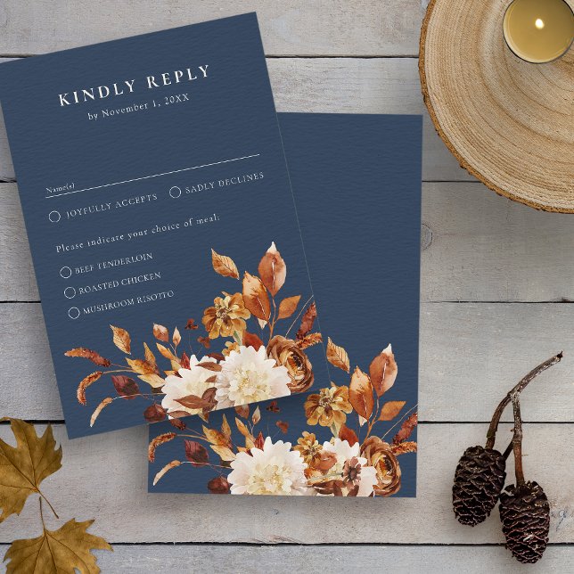 Tarjeta De Confirmación De Asistencia Boda de otoño naval (Watercolor Navy Blue Autumn Wedding RSVP Card by Painted Paperie
)