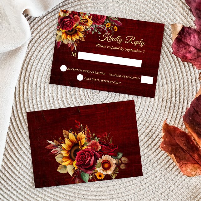 Tarjeta De Confirmación De Asistencia Boda de otoño rosas burdeos girasoles amarillos (Fall wedding burgundy roses yellow sunflowers RSVP card wedding invitation suite)