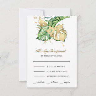 Tarjeta De Confirmación De Asistencia Boda de Palma Tropical Monstera Dorada
