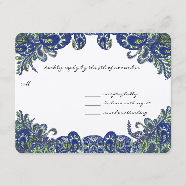 Tarjeta De Confirmación De Asistencia Boda de pavo real azul y verde (Anverso)