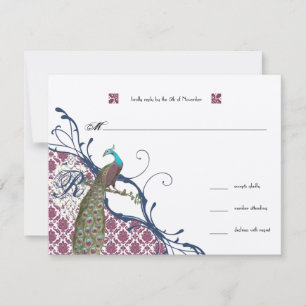 Tarjeta De Confirmación De Asistencia Boda de pavo real Damask elegante de Navy y Berry