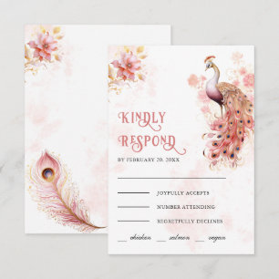 Tarjeta De Confirmación De Asistencia Boda de pavo real indio de flores doradas rosa pas
