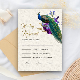 Tarjeta De Confirmación De Asistencia Boda de pavo real indio floral púrpura azul real