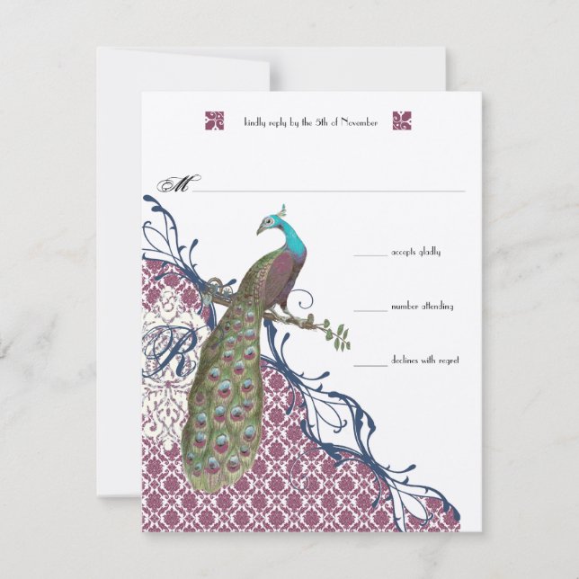 Tarjeta De Confirmación De Asistencia Boda de pavo real Lapis Blue Raspberry Damask (Anverso)