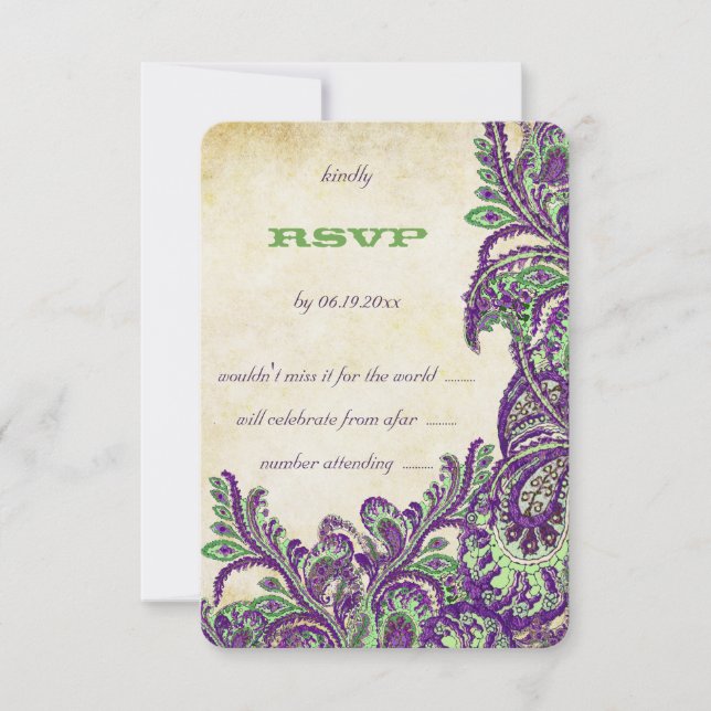 Tarjeta De Confirmación De Asistencia Boda de Peacock Paisley violeta y verde (Anverso)