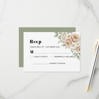 Tarjeta De Confirmación De Asistencia Boda de Peonía de Crema Elegante y Rosa Blanca