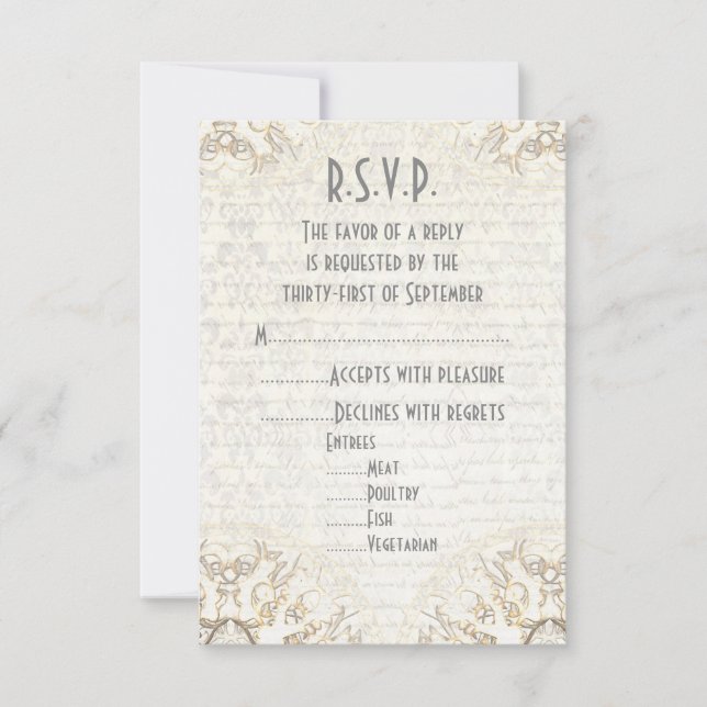 Tarjeta De Confirmación De Asistencia Boda de pergamino antiguo de filigre de encaje bla (Anverso)