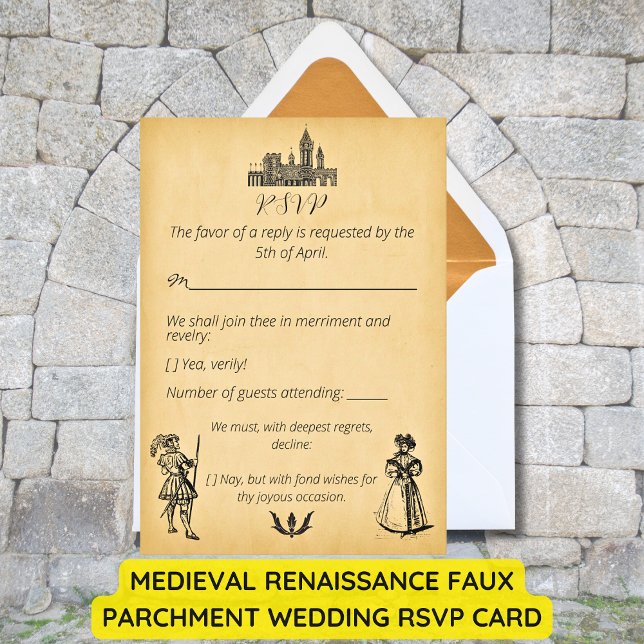 Tarjeta De Confirmación De Asistencia Boda de pergamino de imitación renacentista mediev (Medieval Renaissance Faux Parchment Wedding RSVP Card)